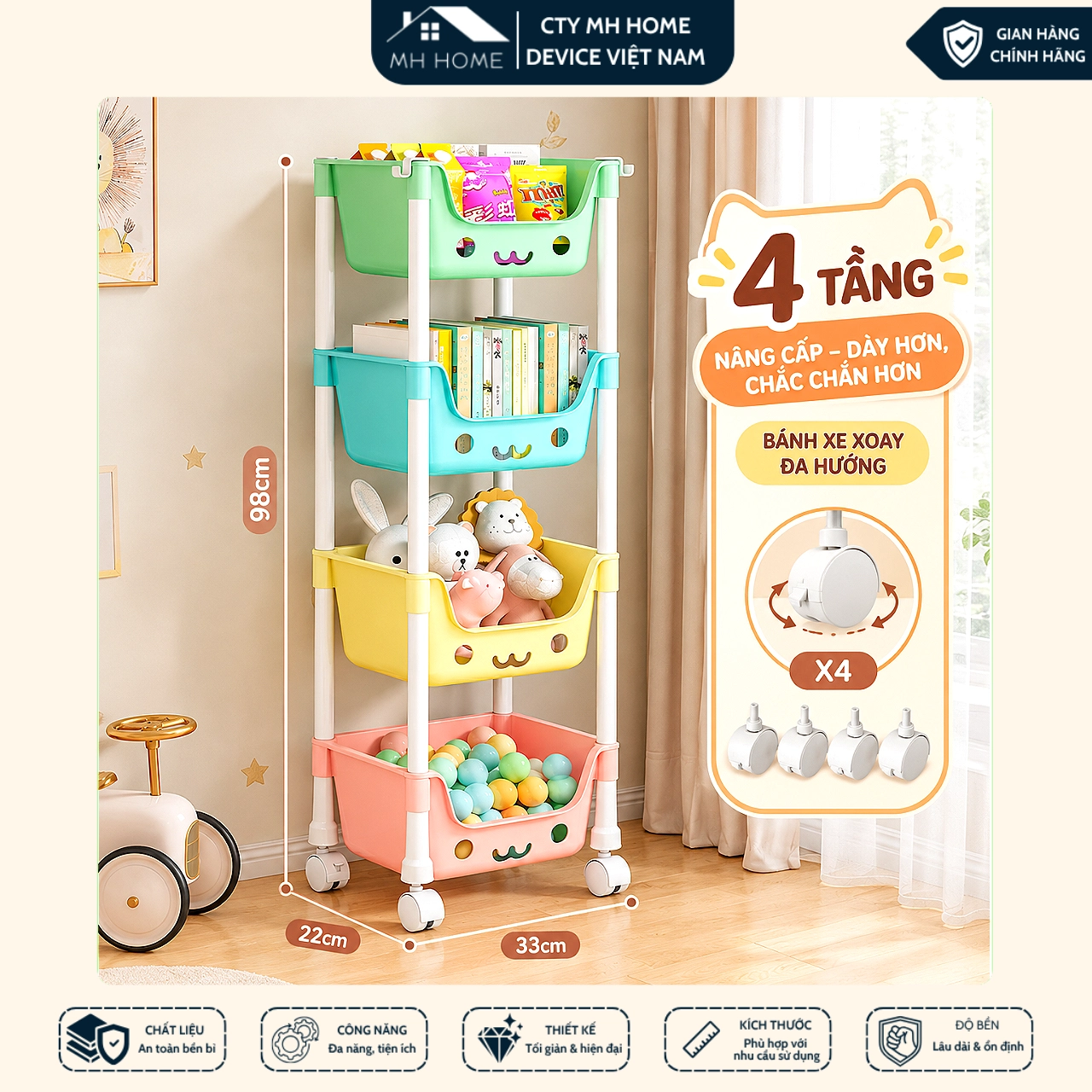 Kệ Gấu Đựng Đồ Đa Năng 4 Tầng Có Bánh Xe Thông Minh - Kệ Để Đồ Chơi Cho Bé Bỉm Sữa Nhà Bếp Tiện Lợi MH